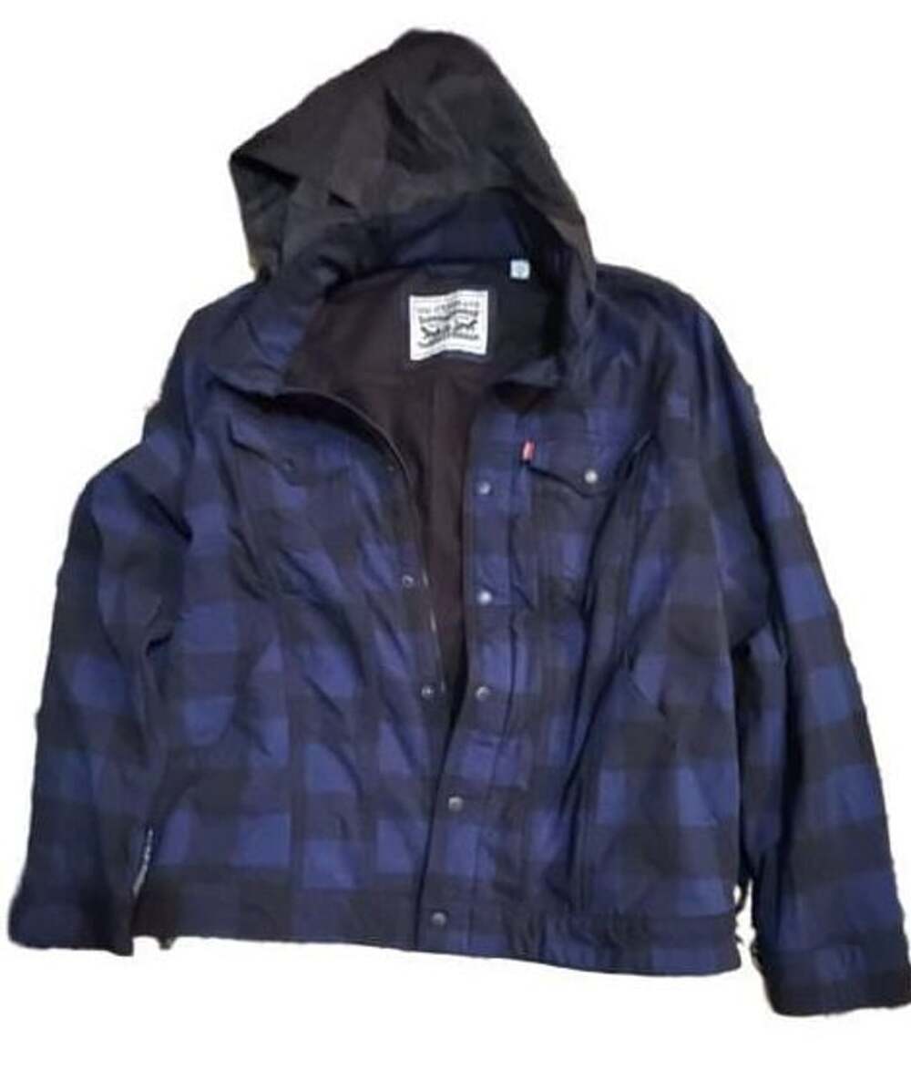 Levi's Trucker Jacket Size L Blue Black Plaid Hooded